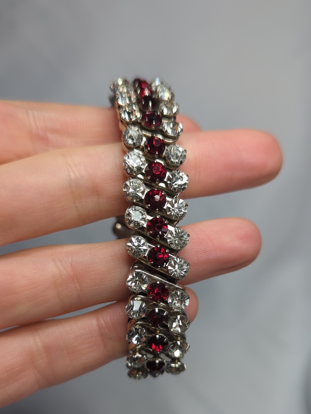 1950's Extension Bracelet Red and Clear Crystal Stones